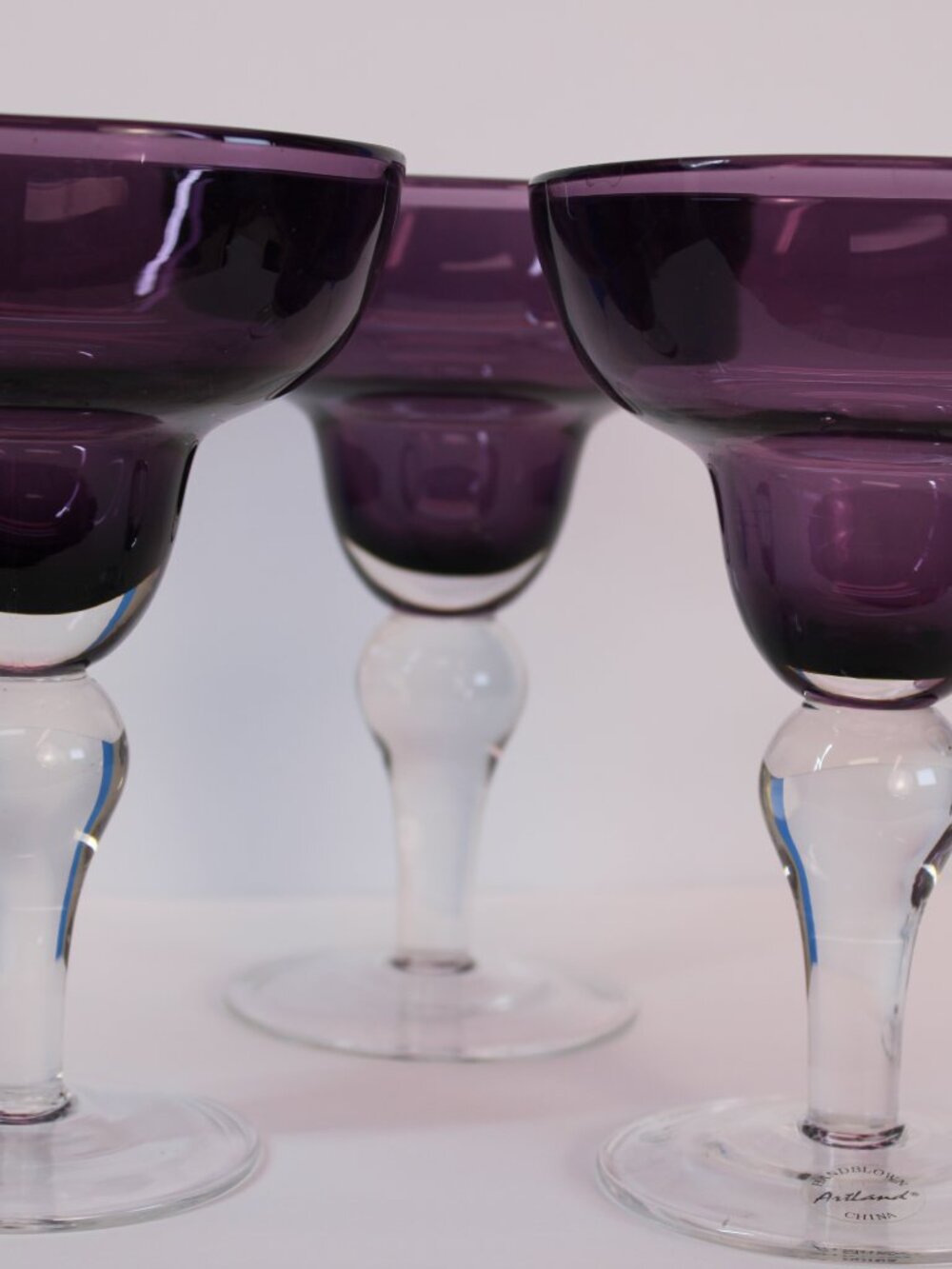 Artland Handblown Iris Plum Purple Margarita Glass w Clear Teardrop Stem 6.5" x3